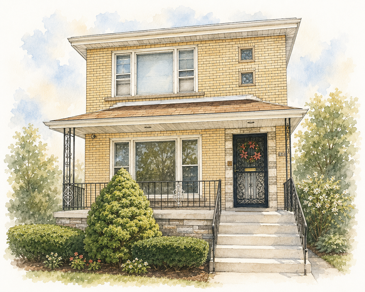 Watercolor illustration of a buff brick Chicago bungalow