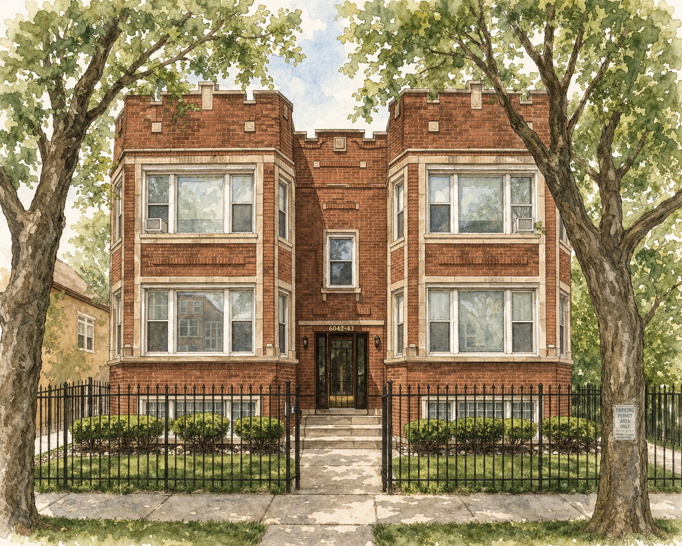 Watercolor illustration of a castellated brick courtyard apartment building