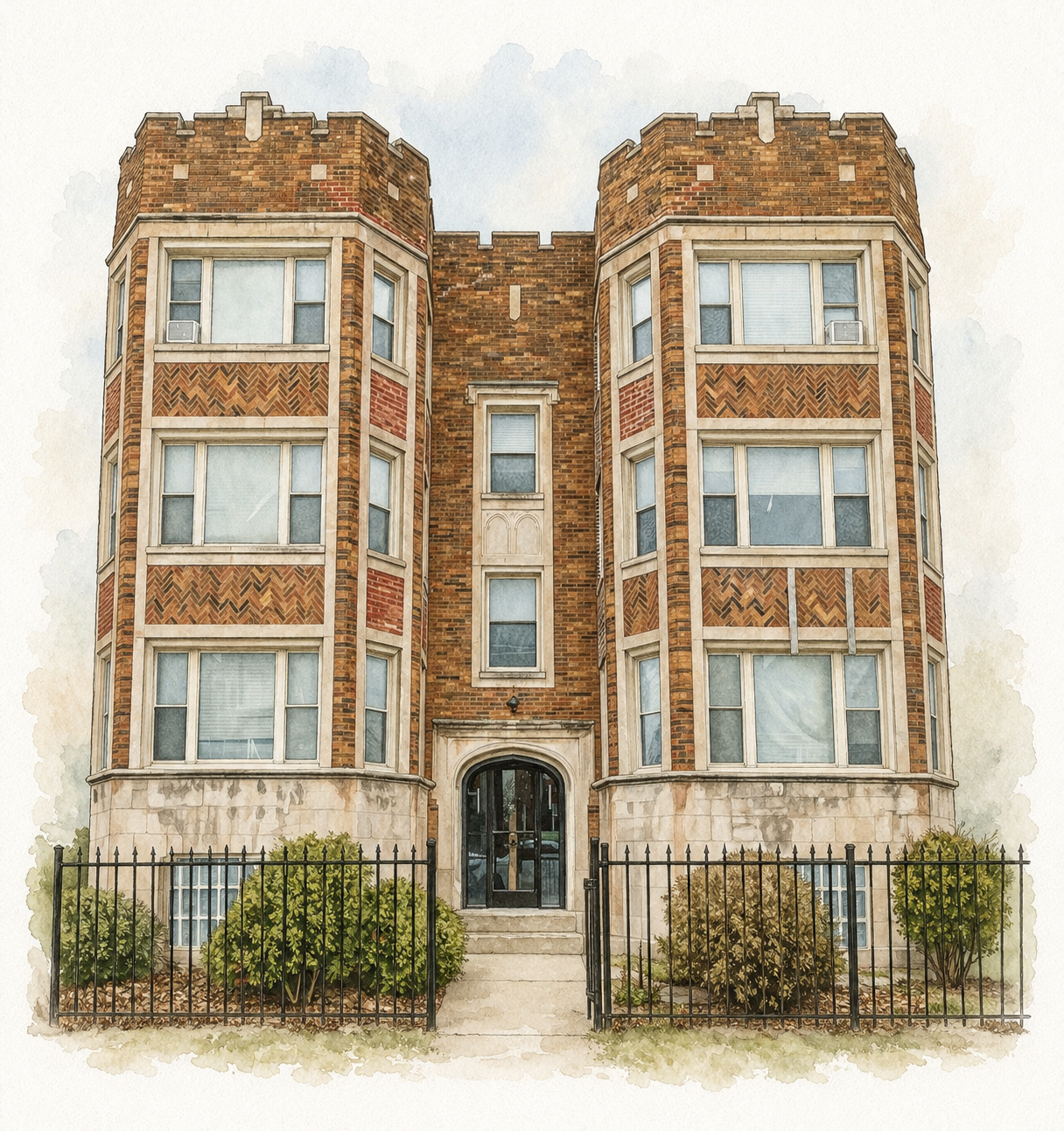 Watercolor illustration of a brick courtyard apartment building