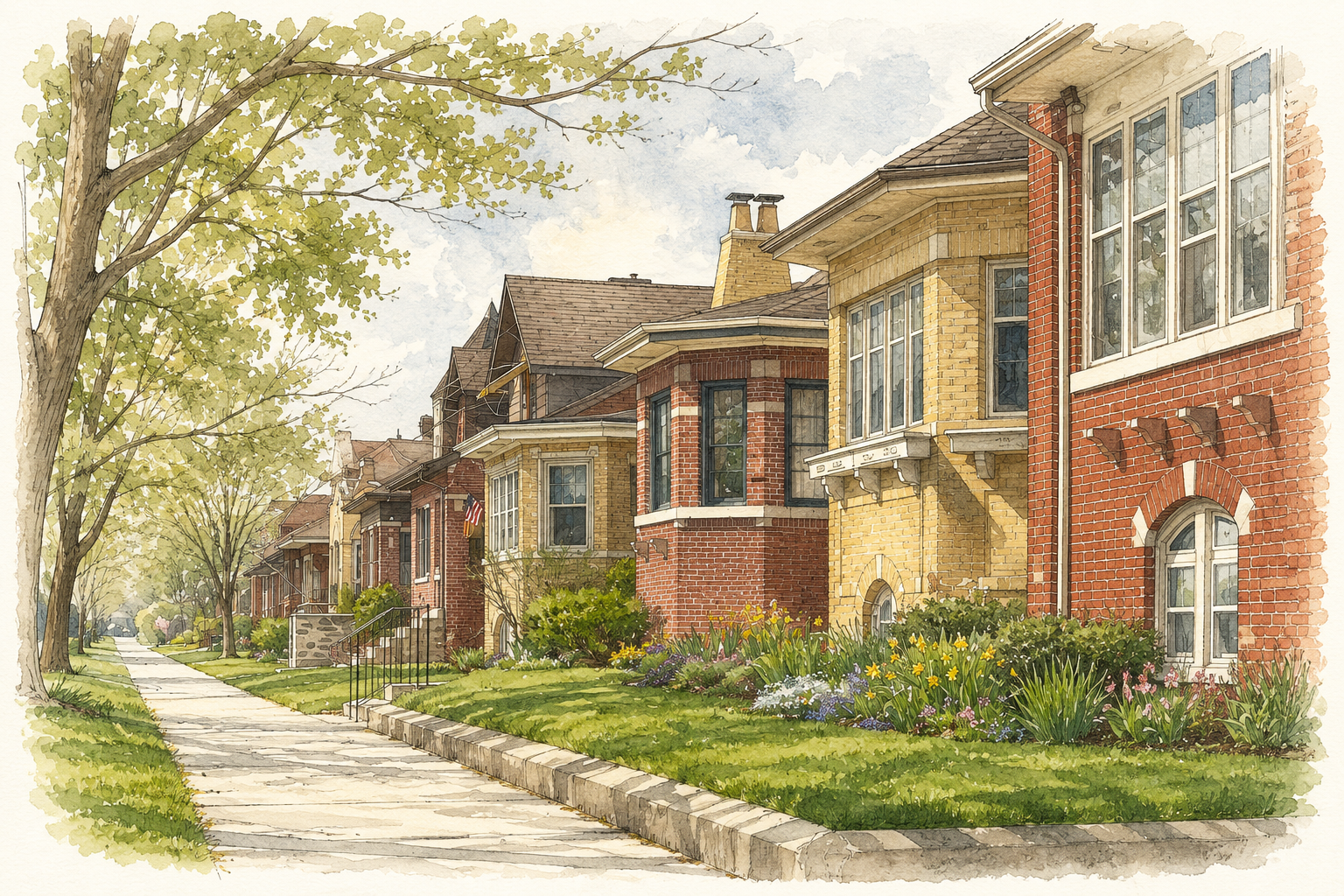 Watercolor illustration of a classic South Side Chicago residential street, lined with brick bungalows, mature trees, and landscaped yards