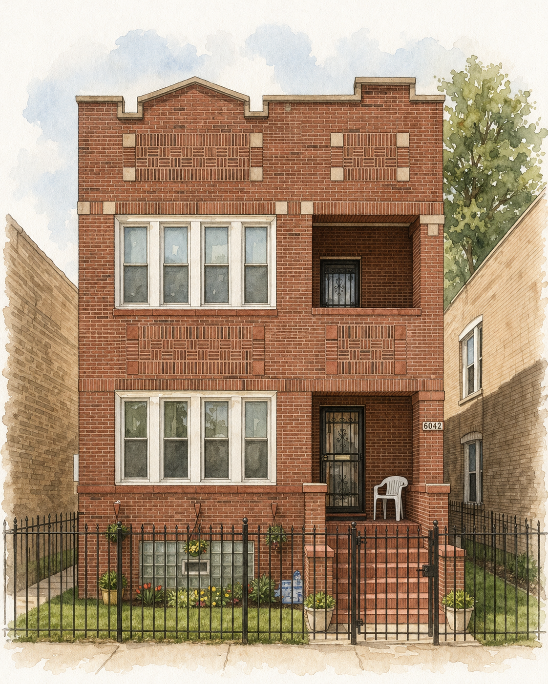 Watercolor illustration of a red brick Chicago two-flat