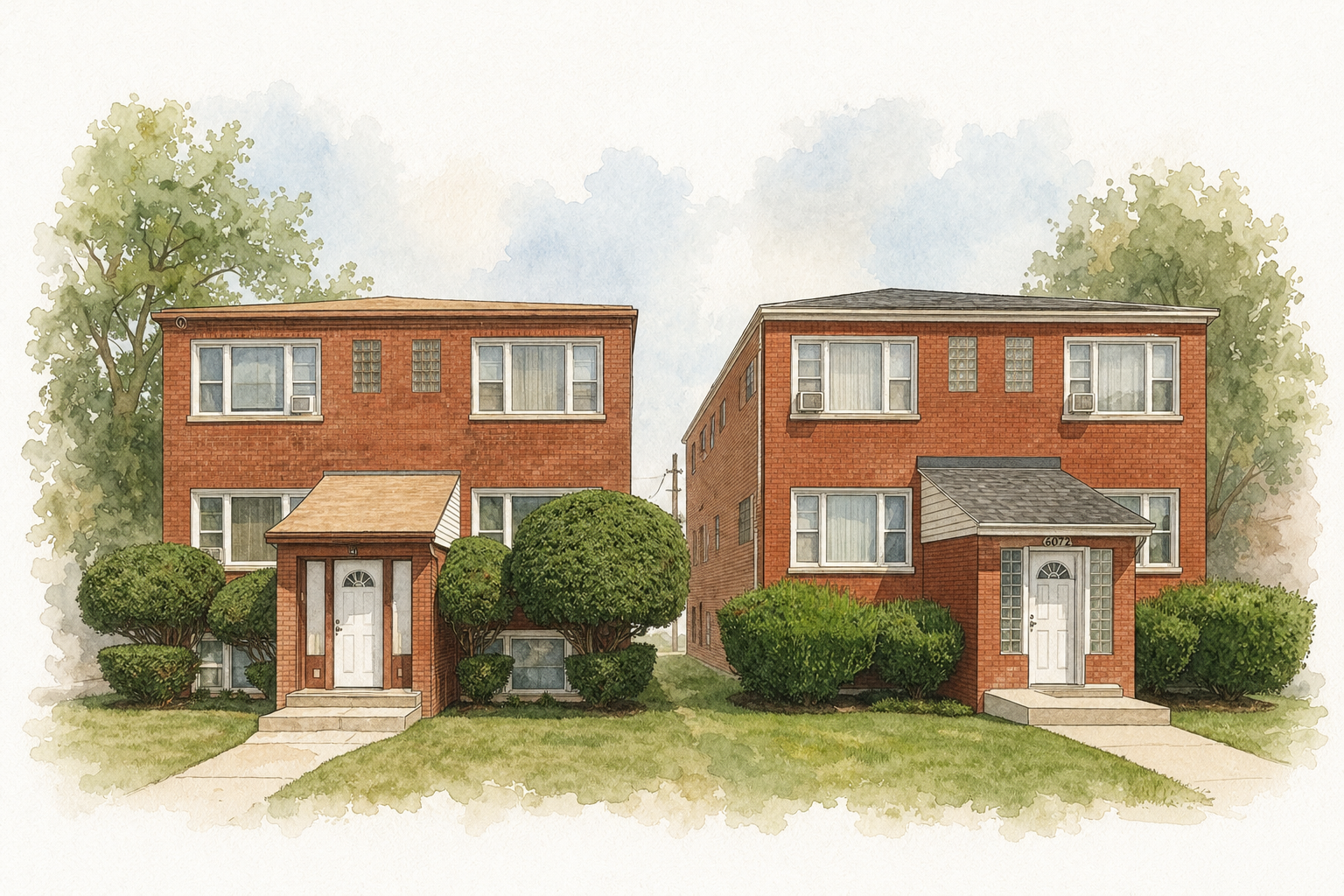 Watercolor illustration of a pair of brick two-flats